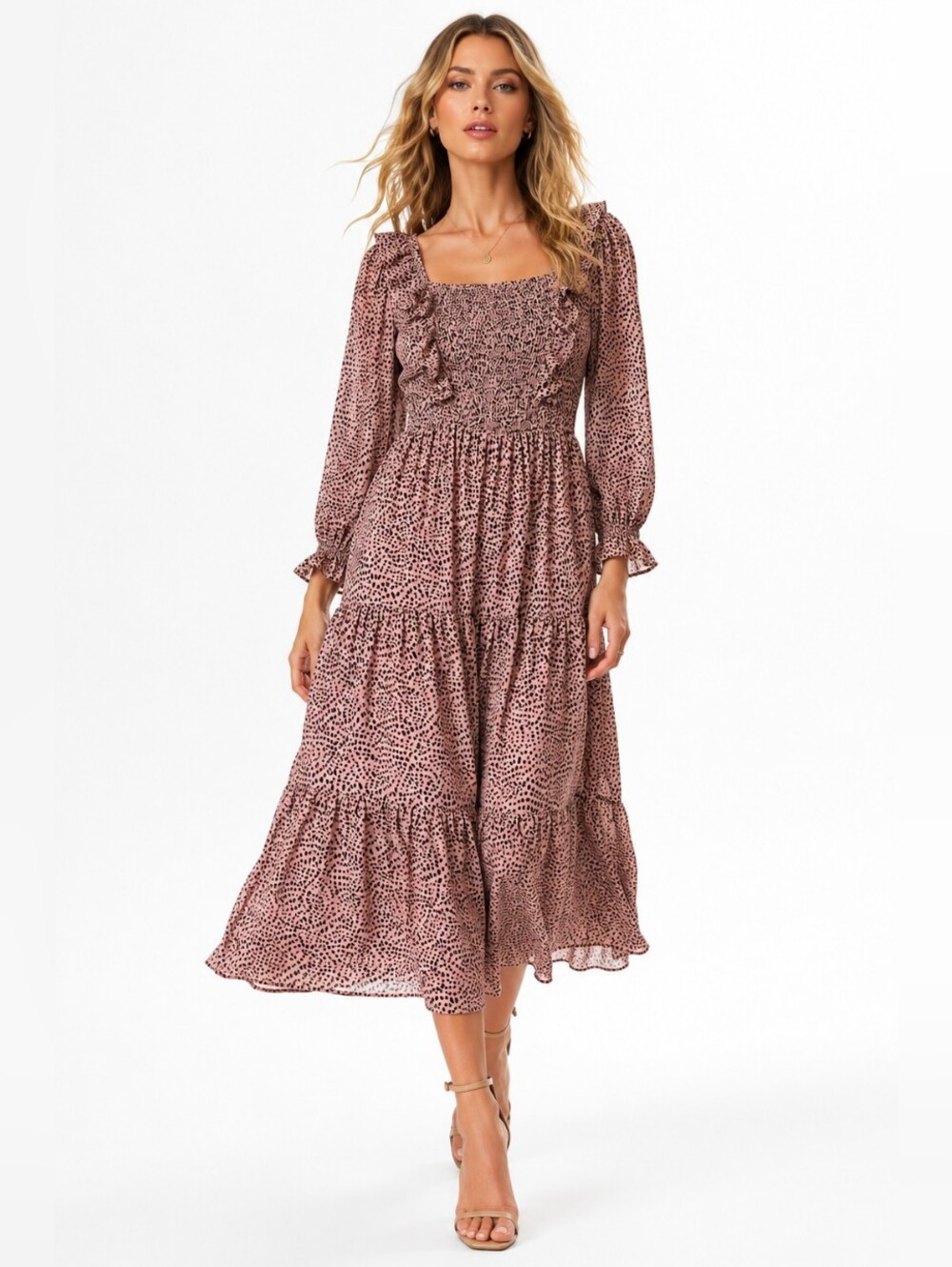 Hayden Los Angeles Leopard Print Smocked Ruffle Midi Dress | Size S